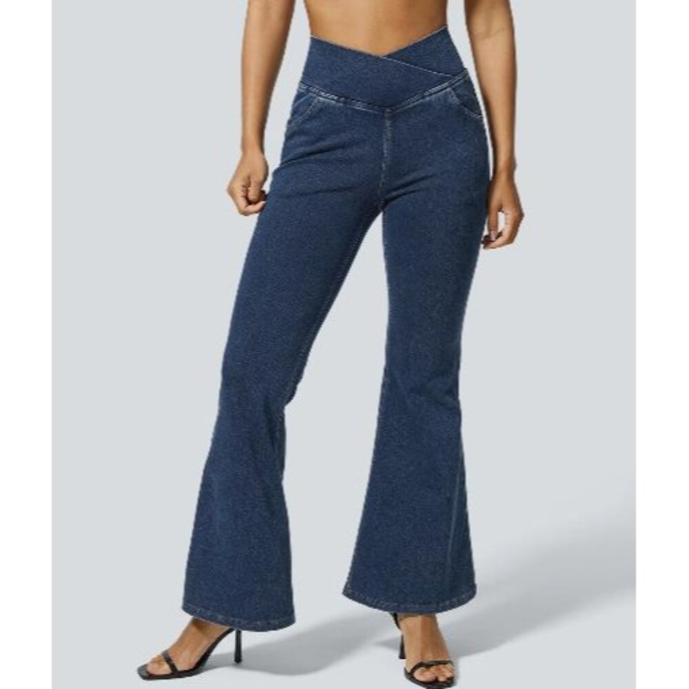 Halara Flex High Waisted Crossover Flare Leg Jeans Size Large Tall L Navy Blue